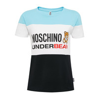 Moschino/莫斯奇诺 女士字母小熊印花圆领棉质短袖T恤 蓝白黑拼色