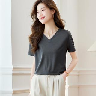 含桑蚕丝正肩短袖t恤女春夏短款纯色宽松夏装上衣