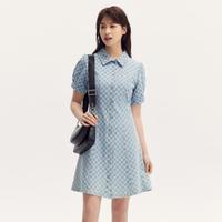森马 Semir【棋盘格牛仔裙】夏季翻领泡泡袖连衣裙女显瘦复古潮流牛仔连衣裙