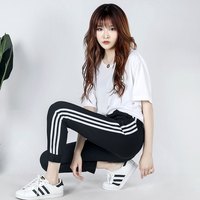 Adidas/阿迪达斯女三条纹梭织长裤透气舒适运动裤时尚休闲训练裤 黑/碳黑 S