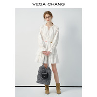 VEGA CHANG法式连衣裙女2025年春季新款喇叭袖V领高级感白色裙子
