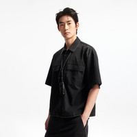 杰克琼斯男装夏季百搭时尚贴布尖领廓形纯色休闲短袖衬衫上衣 E02深灰牛仔 180/100A/L