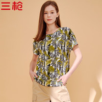 三枪夏季水柔全棉女薄款透气凉爽印花圆领落肩袖短袖T恤女衫 森林花 L (165/90)