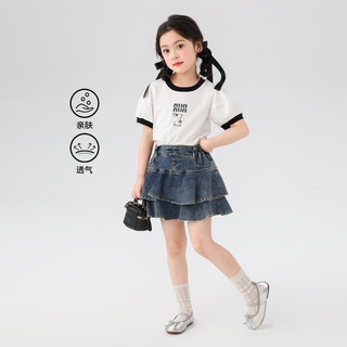 左西女童短袖T恤儿童夏季条纹泡泡袖上衣童装2025洋气女大童