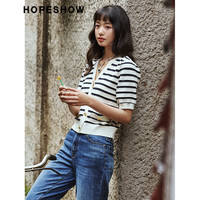 红袖夏季女装 条纹单排扣V领针织开衫 白底蓝条701 2XL