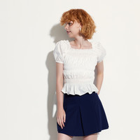 Gap女装夏季纯棉褶皱泡泡袖上衣法式复古方领衬衫465679