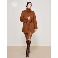 鄂尔多斯1980秋冬双层水纹立领两穿H型大衣女外套 卡布奇诺 XS 155/76A