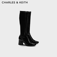 CHARLES&KEITH加绒内里漆皮拼头粗跟长靴瘦瘦靴女CK1-91720014 Black Box黑色 36