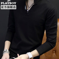 花花公子(PLAYBOY)长袖T恤男士V领上衣春秋季潮牌帅气打底衫时尚服饰男装 黑色四季款 2XL