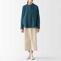 无印良品（無印良品 MUJI） 女式 法兰绒 立领衬衫长袖格子上衣秋季白衬衣纯棉全棉 BCB41C2A 烟熏绿色 S