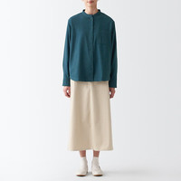 無印良品 MUJI(無印良品 ) 女式 法兰绒 立领衬衫长袖格子上衣秋季白衬衣纯棉全棉 BCB41C2A 烟熏绿色 XL