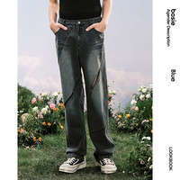 bosie2025春季复古洗水破洞牛仔裤男时尚斜刀割感长裤子 牛仔水洗黑色 160/66A