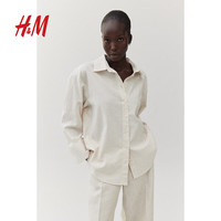 H&M女装衬衫春季亚麻透气宽松有领气质长袖衬衣1205426 浅米色 170/116