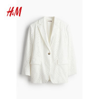 H&M女装西装春季大廓形镂空刺绣休闲单扣棉质外套1228887 白色 165/96 M