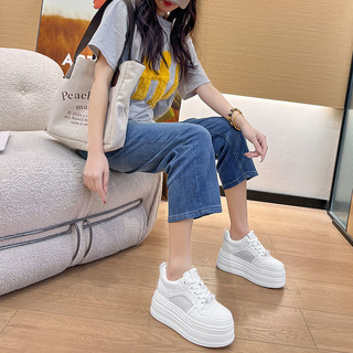 2025夏欧货真皮小白鞋女厚底增高百搭休闲鞋女板鞋小白鞋子小个子 白色 34