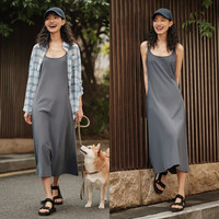 森马 Semir连衣裙女中长款格子衬衫修身吊带裙夏气质两件套107424114004 蓝灰色调00382 M