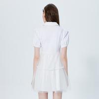 2025年夏季时尚简约烫钻衬衫领显瘦网纱拼接针织连衣裙女裙子