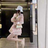小个子甜美少女减龄休闲时尚微透印花衬衫短裤两件套