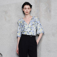 Iro 春夏轻奢法式高级感气质衬衣幻彩羽毛印花中袖V领女式衬衫上衣