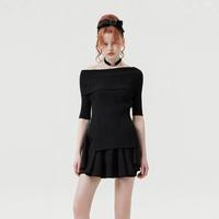 5+ Five Plus女春装一字领露肩针织衫女修身开叉套头衫短袖