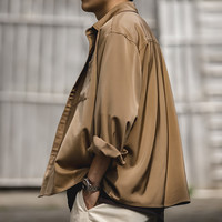 马登 MADEN工装 美式复古免烫抗皱缎面长袖衬衫宽松冰丝感垂坠衬衣男潮 灰色 XL