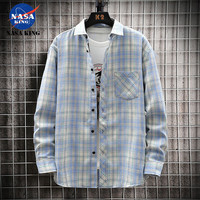 NASA KINGNASAKING格子衬衫长袖2025春夏季宽松百搭衬衣外套休闲男装上衣服 橙色 薄款 2XL (180)