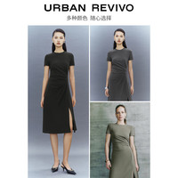 UR夏季女装时尚褶皱收腰修身圆领短袖连衣裙UWG740021 灰绿 S