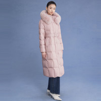 LIME FLARE莱茵秋冬连帽鹅绒羽绒服中长款女保暖系带毛领鹅绒服 石盐粉色1 L