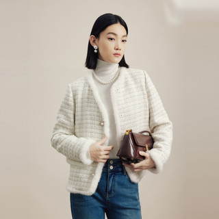 LIME莱茵小香风拼接水貂毛领羽绒服短大衣24秋冬简约优雅外套 米白色 XL