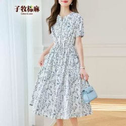子牧棉麻 女衬衫连衣裙收腰显瘦小碎花中长款裙子气质A字裙