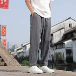 月伊纺 夏季亚麻休闲裤男士潮流百搭九分裤子新中式中国风男装哈伦裤