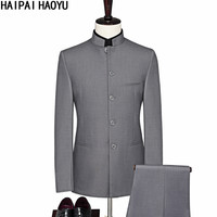 HAIPAIHAOYU 中山装男修身纯色唐装套装青年立领中式新郎礼服 1668灰色 180上衣33裤子