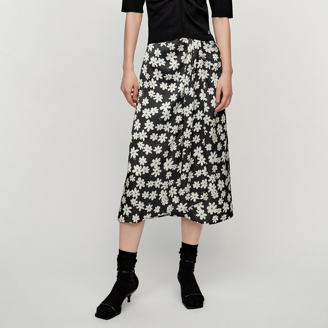 H'S 春季女装 碎花半身裙 薄款皱褶法式高腰半裙