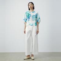 子苞米水墨印花七分丝棉衬衫夏款圆领轻薄套头小衫女