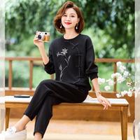 春秋装国风上下两件套中年女装减龄套装T恤上衣+高腰直筒裤