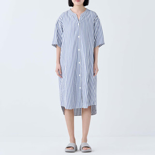 無印良品 MUJI（無印良品 ） 女式 凉感双层纱织 短袖睡裙 家居服 25年夏季 FD20CC5S 藏青色竖条纹 L -XL 170/92A