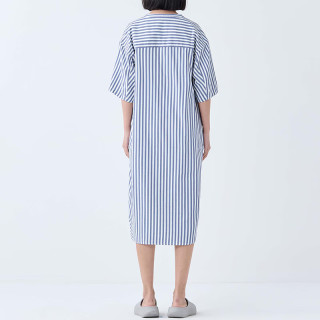 無印良品 MUJI（無印良品 ） 女式 凉感双层纱织 短袖睡裙 家居服 25年夏季 FD20CC5S 藏青色竖条纹 L -XL 170/92A