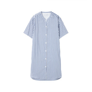 無印良品 MUJI（無印良品 ） 女式 凉感双层纱织 短袖睡裙 家居服 25年夏季 FD20CC5S 藏青色竖条纹 L -XL 170/92A