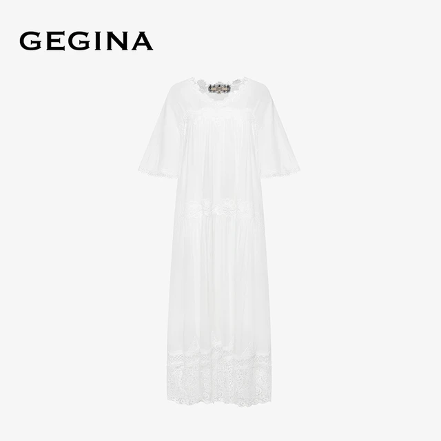 GEGINA吉吉娜女装春夏V领蕾丝拼接连衣裙纯棉白色长裙