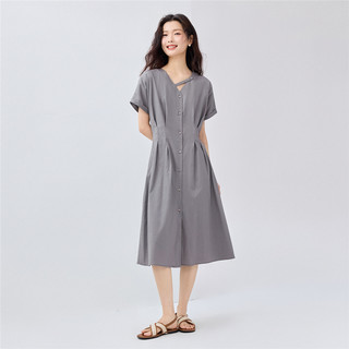 佐丹奴裙子女夏季莱赛尔法式气质V领收褶连袖连衣裙05465334