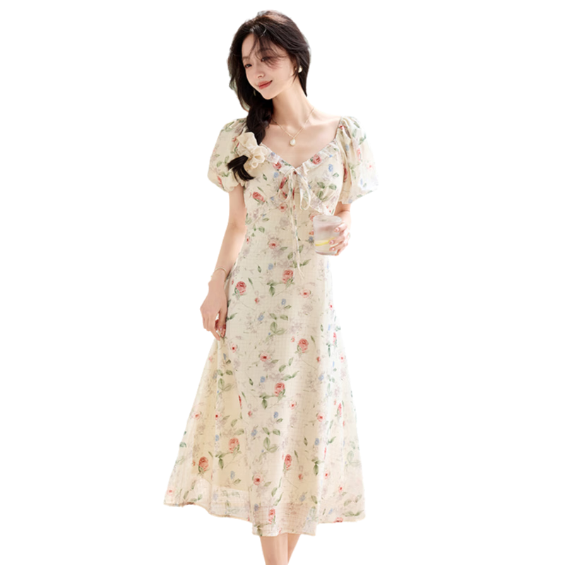 品彩（PinCai）短袖连衣裙女甜美泡泡袖V领碎花连衣裙温柔减龄仙女裙P52Q093