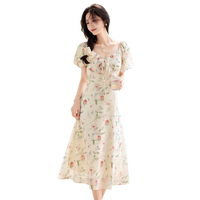 品彩(PinCai)短袖连衣裙女甜美泡泡袖V领碎花连衣裙温柔减龄仙女裙P52Q093