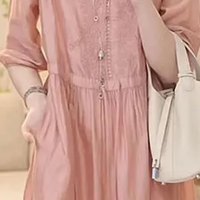 子牧棉麻2024夏装 女时尚两件装连衣裙V领宽松显瘦裙慵懒风长裙子6979