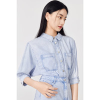 秋水伊人直身翻领牛仔连衣裙夏季新款女装时尚独特别致裙子 牛仔蓝