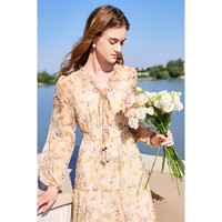 秋水伊人秋水伊人复古碎花雪纺连衣裙2024秋季女浪漫氛围感收腰中长裙 花料 M