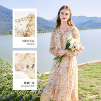 秋水伊人秋水伊人复古碎花雪纺连衣裙2024秋季女浪漫氛围感收腰中长裙 花料 XL
