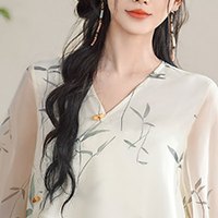 子牧棉麻2024夏装 女新中式印花盘扣V领七分袖改良上衣半身裙套装2311 兰竹叶套装 L(125-145斤)