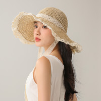 法式草帽女可折叠夏季透气蕾丝花边镂空防晒帽海边帽遮阳帽子