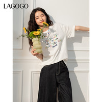 LAGOGO彩虹舒软白T恤女拉谷谷2025年春季清爽纯棉落肩袖上衣 本白色 S