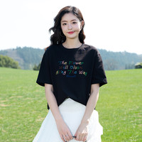 LAGOGO彩虹舒软白T恤女拉谷谷2025年春季清爽纯棉落肩袖上衣 黑色 M